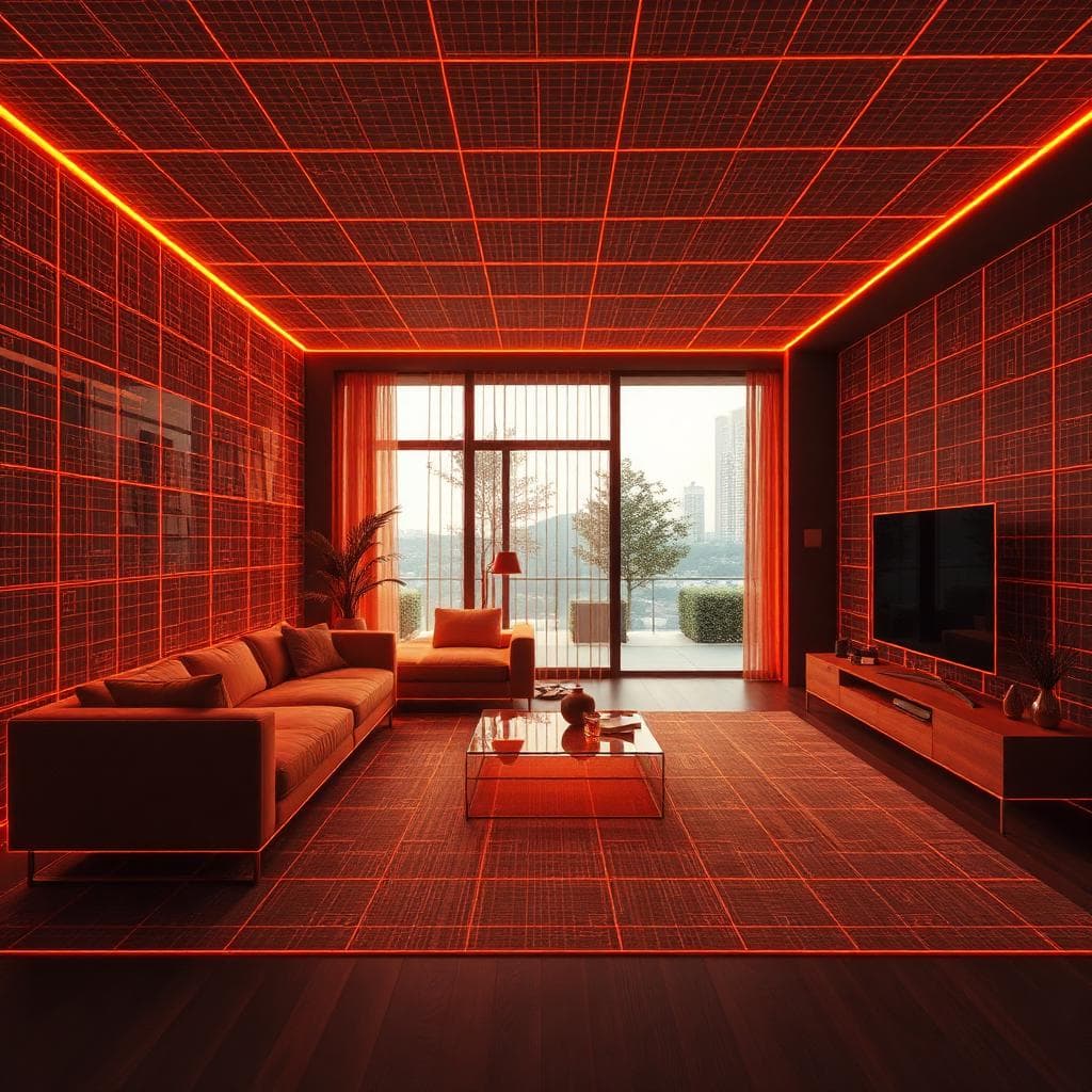 3D wireframe view of a living room